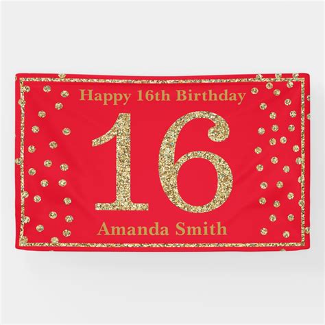 Happy 16th Birthday Banner Red and Gold Glitter | Zazzle