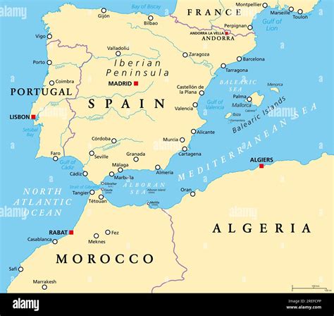 West Mediterranean, political map. Iberian Peninsula, bordered by North Atlantic and ...