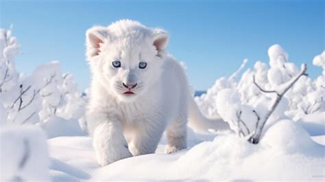 Premium AI Image | An albino lion cub playfully exploring a snowy landscape