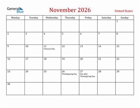 November 2026 - United States Monthly Calendar with Holidays