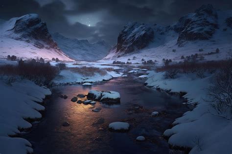 Premium Photo | Snow covered mountains with a river at night