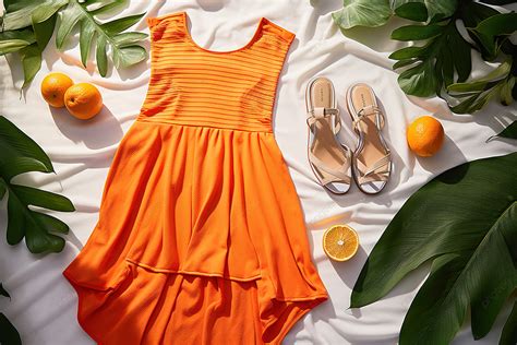 An Orange Dress Sandals And Tropical Foliage On A Bed Background, High ...