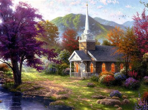 A Country Church with beautiful Trees and Flowers HD Print Painting by ...