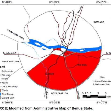 Map of Makurdi showing Bar, Fiidi, Wallomayo and Akpa-Wadata Wards ...