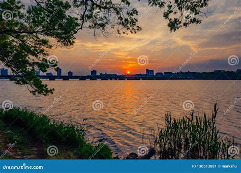 Sunset Over Charles River with Skyline of Cambridge, in Boston, Stock ...