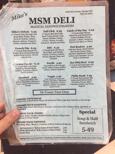 Menu at MSM Deli restaurant, Tacoma