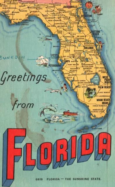 VINTAGE POSTCARD 1951 Greetings From Florida The Sunshine State Map Cities FL $8.97 - PicClick