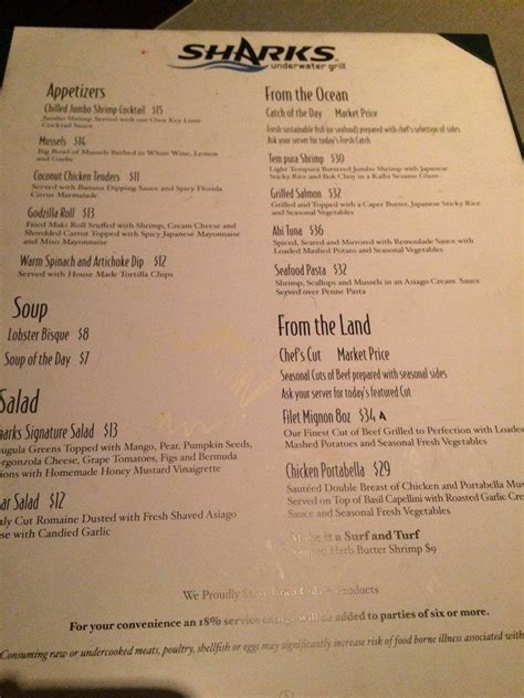 Menu at Sharks Underwater Grill pub & bar, Orlando