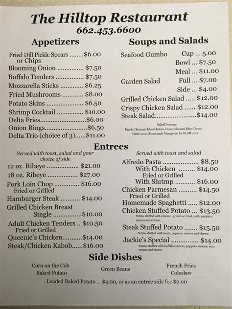 Menu of Hilltop Restaurant in Greenwood, MS 38930