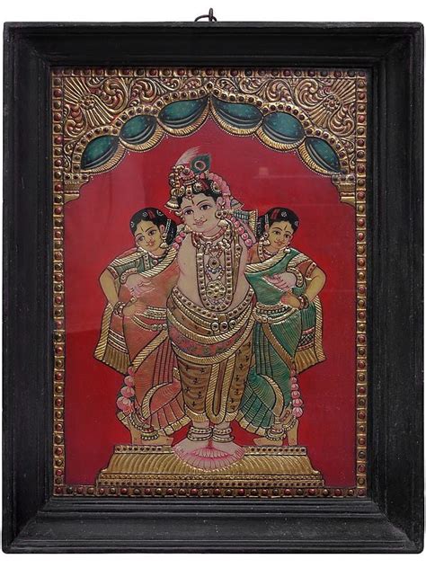 26" Lord Krishna With Rukmini And Satyabhama Painting | Traditional ...