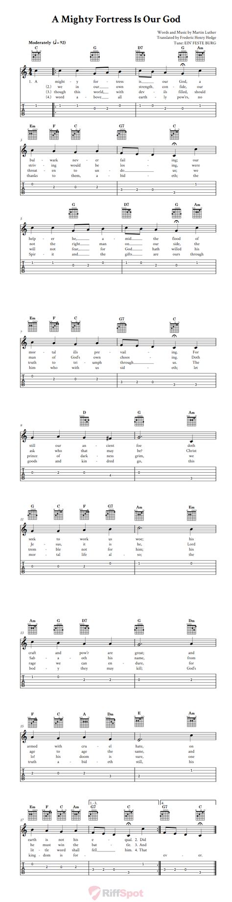 A Mighty Fortress Is Our God: Chords, Sheet Music, and Tab for Guitar with Lyrics