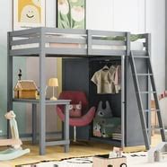 Twin Size Loft Bed, Wood Bed Frame with 2 Wardrobes, 2 Drawers, 3 ...