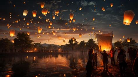 Premium AI Image | Multiple lanterns thrown into the night at the Diwali festival