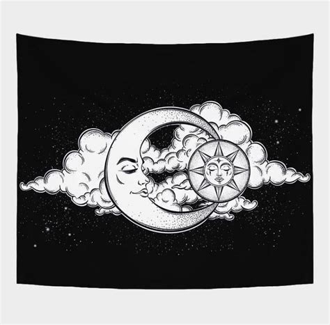 Sun and Moon (with clouds) in black&white Tapestry from Tapestry Kings | Tenture