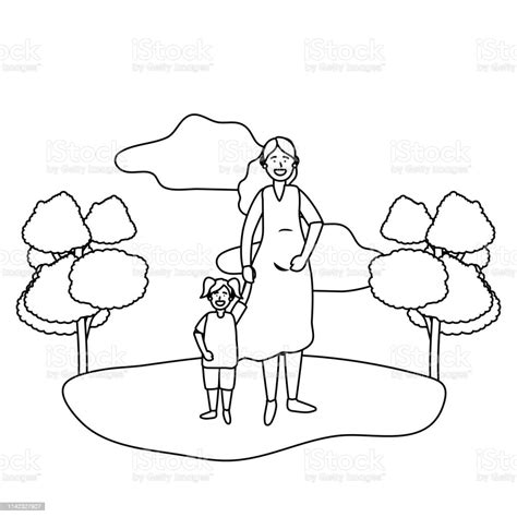 Pregnant Woman With Child Black And White Stock Illustration - Download ...