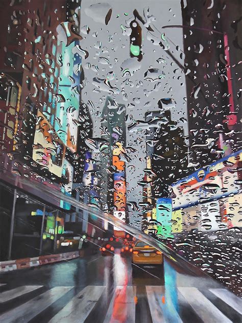 Michael Steinbrick - Crosstown rains - cityscape neon vibrant realism oil paint modern urban ...