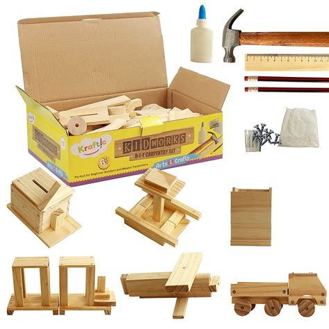 Kraftic Woodworking Building Kit for Kids and Adults, 6 DIY Carpentry Construction Wood Model ...
