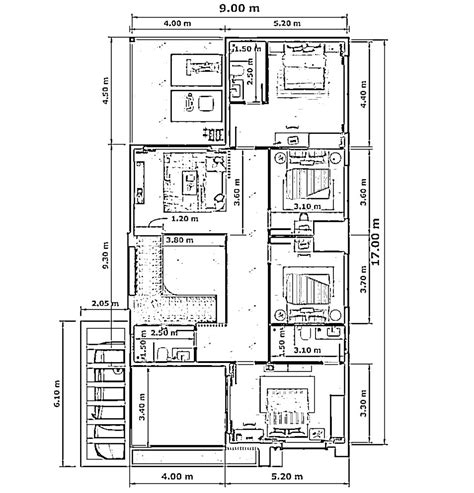 9m x 17m Planos de casas modernas Planos de casas de 5 habitaciones con ...
