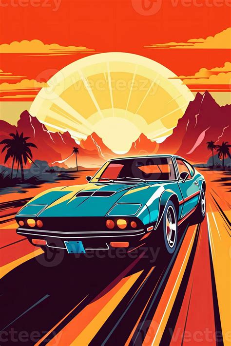 A vector illustration of a retro sports car with bold lines, vibrant ...