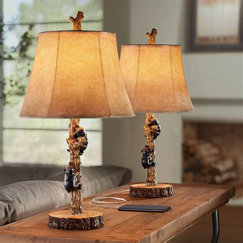 John Timberland Rustic Accent Table Lamps Set of 2 with USB Charging Port Black Gray Faux Wood ...