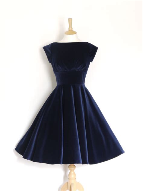 Midnight Blue Velvet Evening Dress with Circle Skirt and Cap