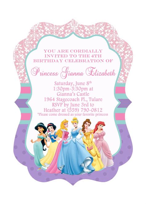 5x7 Ornate Disney Princess Birthday Invitation Front & Back