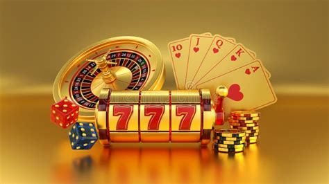 Gold Casino Slot, Poker Cards, Poker Chips and Dices on the Golden Background - 3D Illustration ...