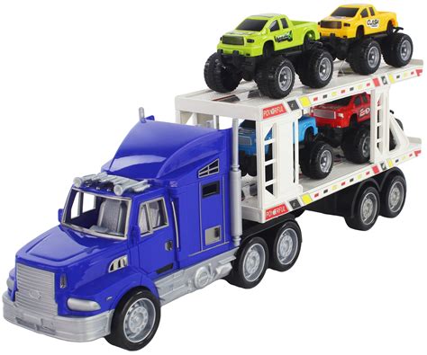 Scale 1:32 Blue Friction Powered Transport Trailer Detachable Tractor Truck with 4 Toy Vehicle ...