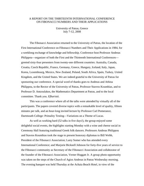 (PDF) A REPORT ON THE THIRTEENTH INTERNATIONAL CONFERENCE ON FIBONACCI ...