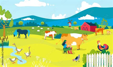 Farm cartoon landscape, vector illustration. Agriculture farming barn, rural animal cow chicken ...