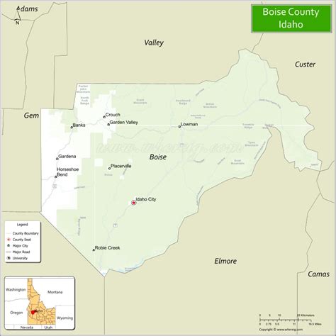 Map of Boise County, Idaho showing cities, highways & important places ...