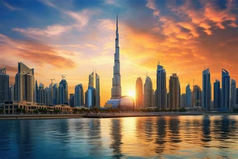 Dubai skyline at sunset, United Arab Emirates, Middle East. Beautiful ...