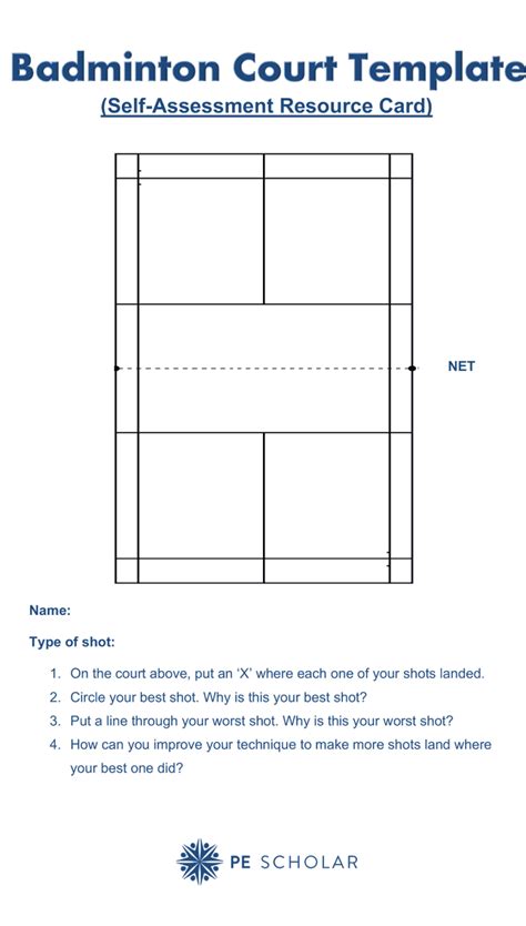 Badminton Court Template (Self-Assessment Resource Card) - PE Scholar