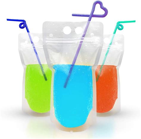 100 PCS Drink Pouches with Straw - Reusable Juice Pouches with Plastic Zipper, Smoothie Bags ...