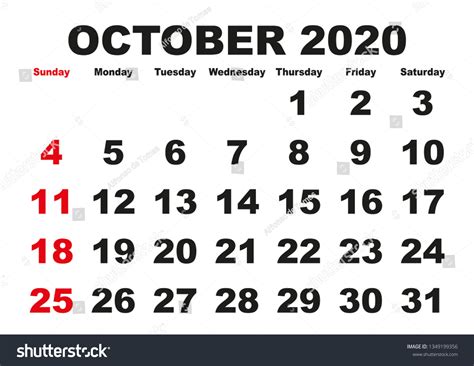 2020 Calendar October Month Vector Printable Stock Vector (Royalty Free ...