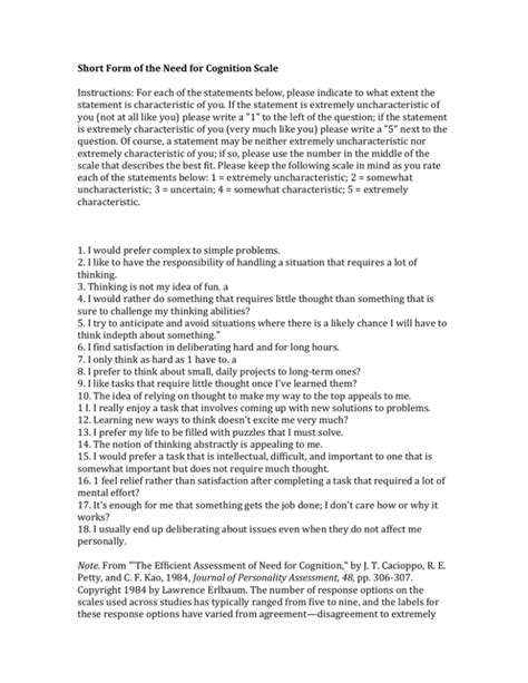 Short Form of the Need for Cognition Scale