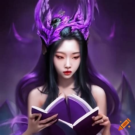 Asian woman reading with black hair and fantasy book