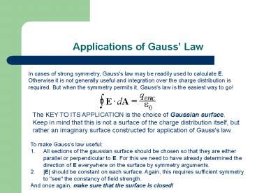 PPT – Applications of Gauss Law PowerPoint presentation | free to view - id: e2266-MjE2M