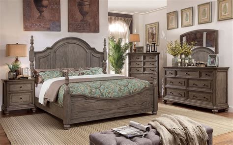 Bedroom Furniture Wire Brushed Gray California King Size Poster Bed w ...