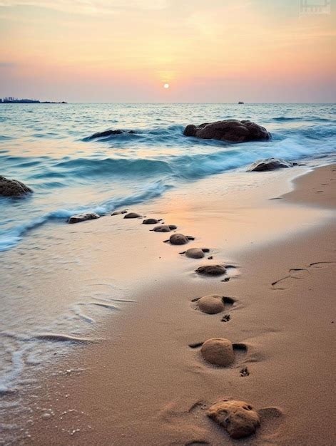 Premium AI Image | footprints in the sand at sunset