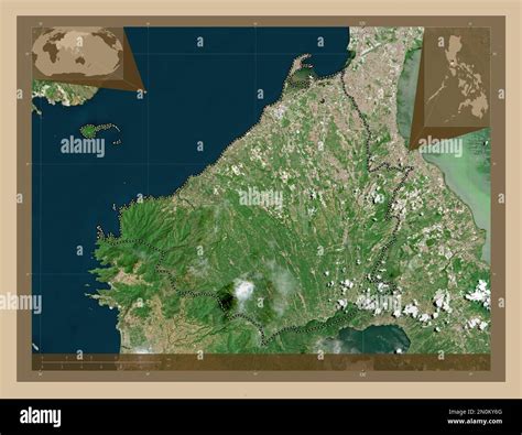 Cavite, province of Philippines. Low resolution satellite map. Corner auxiliary location maps ...