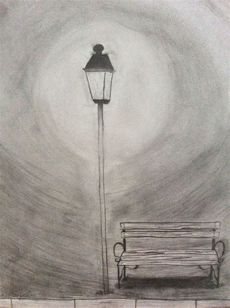 Park bench under street lamp in the night. Pencil drawing | Pencil drawings, Scenery drawing ...