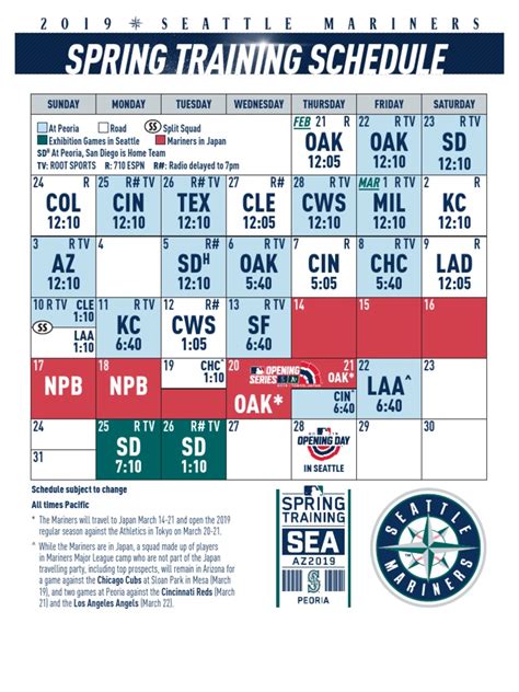 2019 Mariners Spring Training Schedule with TV/Radio info | Baseball ...