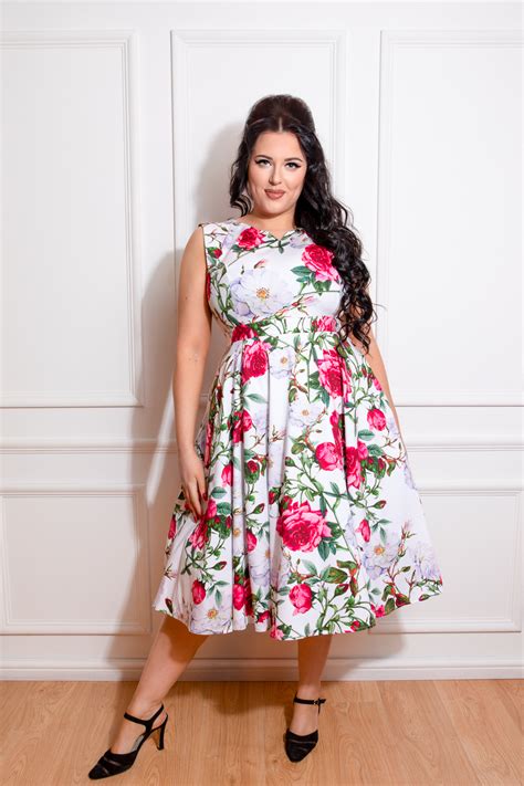 Debbie Floral Swing Dress in Plus Size in white - Hearts & Roses London