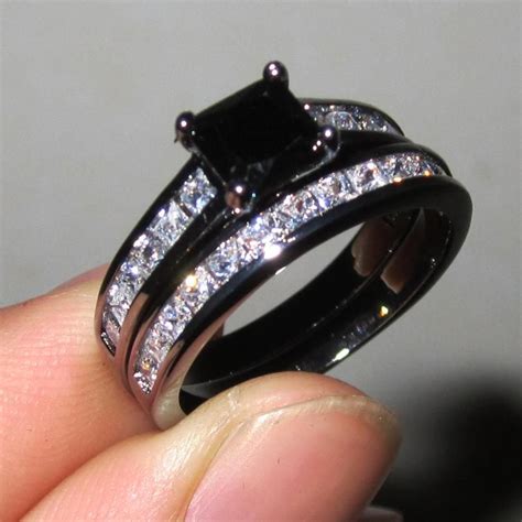 Women's 18K Black Gold Filled Black Diamond Sapphire CZ Paved Two-layer ...