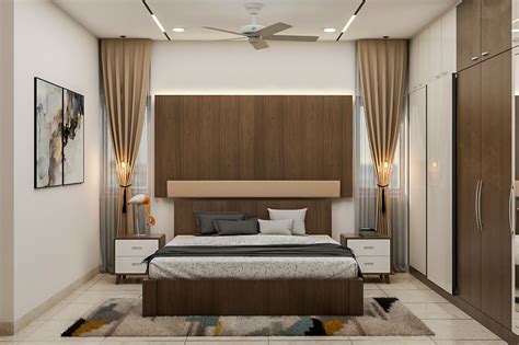 Modern Bedroom Design With Wooden Back Panel And A Glossy White Finish | Livspace