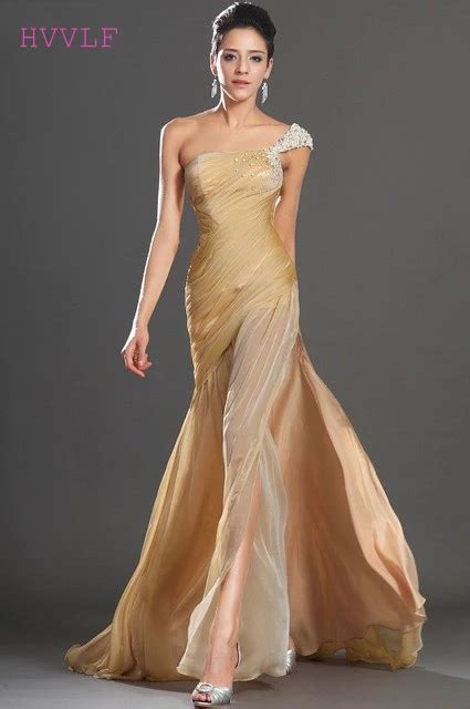 Champagne Evening Dresses 2019 Mermaid One shoulder Chiffon Pearls Plus Size Long Evening Gown ...