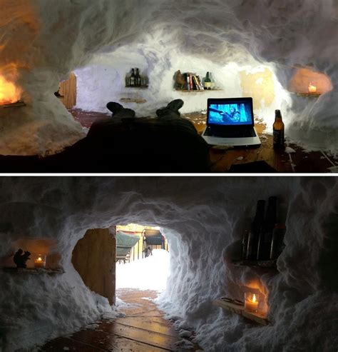 Homemade 'luxury' igloo features a home gym, library