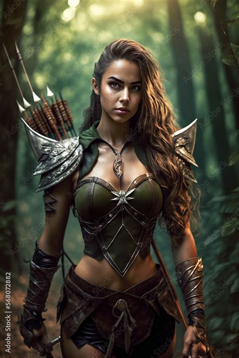 Portrait of a brunette female fantasy elf archer in green leather armor ...