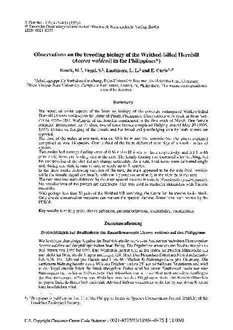 (PDF) Observations on the breeding biology of the Writhed-billed Hornbill (Aceros waldeni) in ...